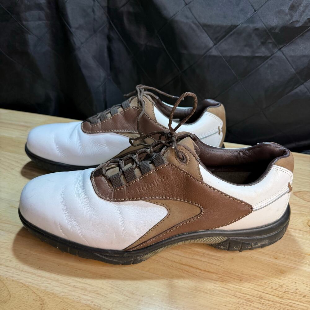 FootJoy Contour Series Men Golf Shoes White Brown Spiked Leather 54239 Sz 10.5M